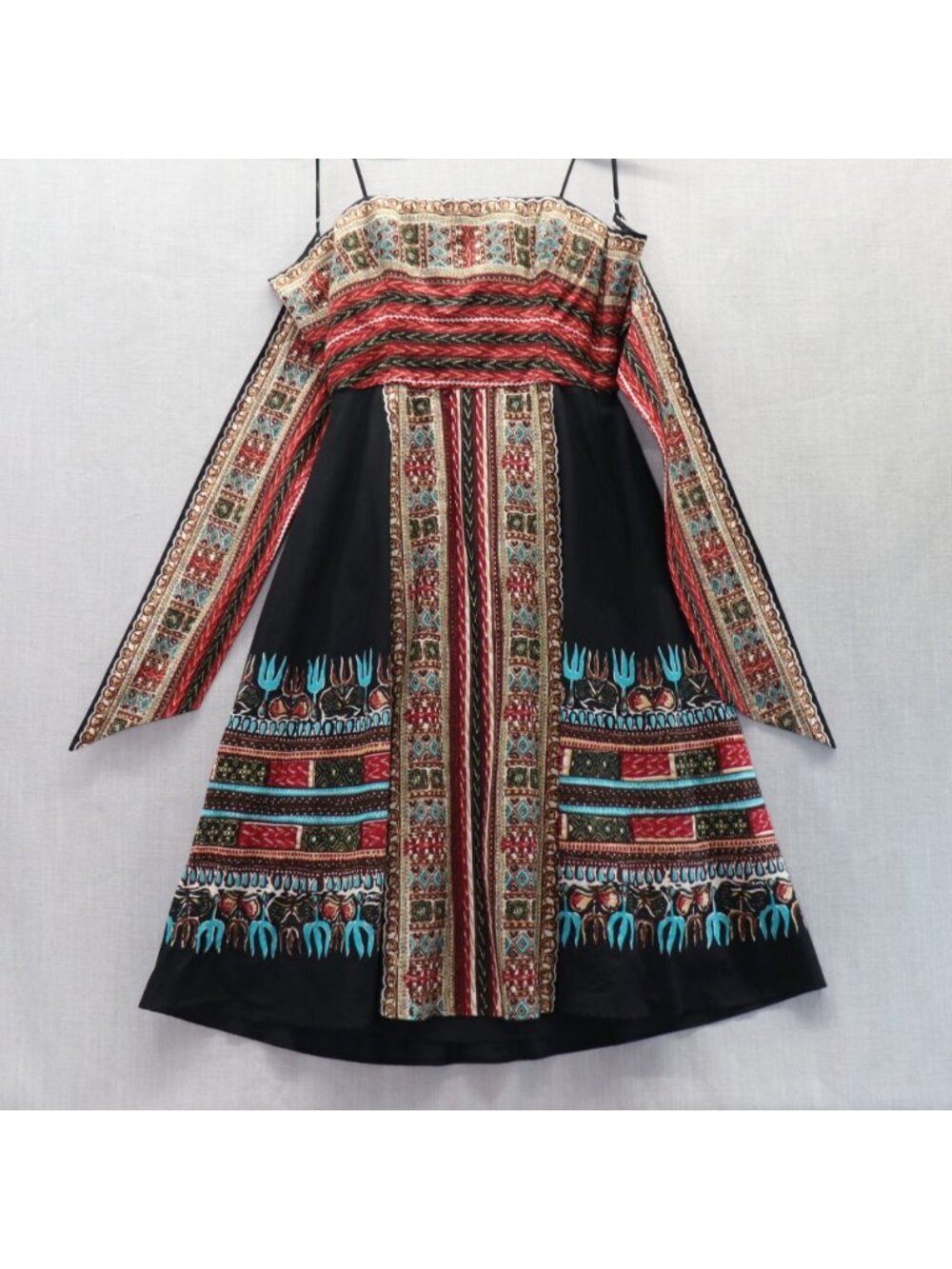 BCBG Max Azria Southwest Geo Print Tie Back Dress Black Red Medium